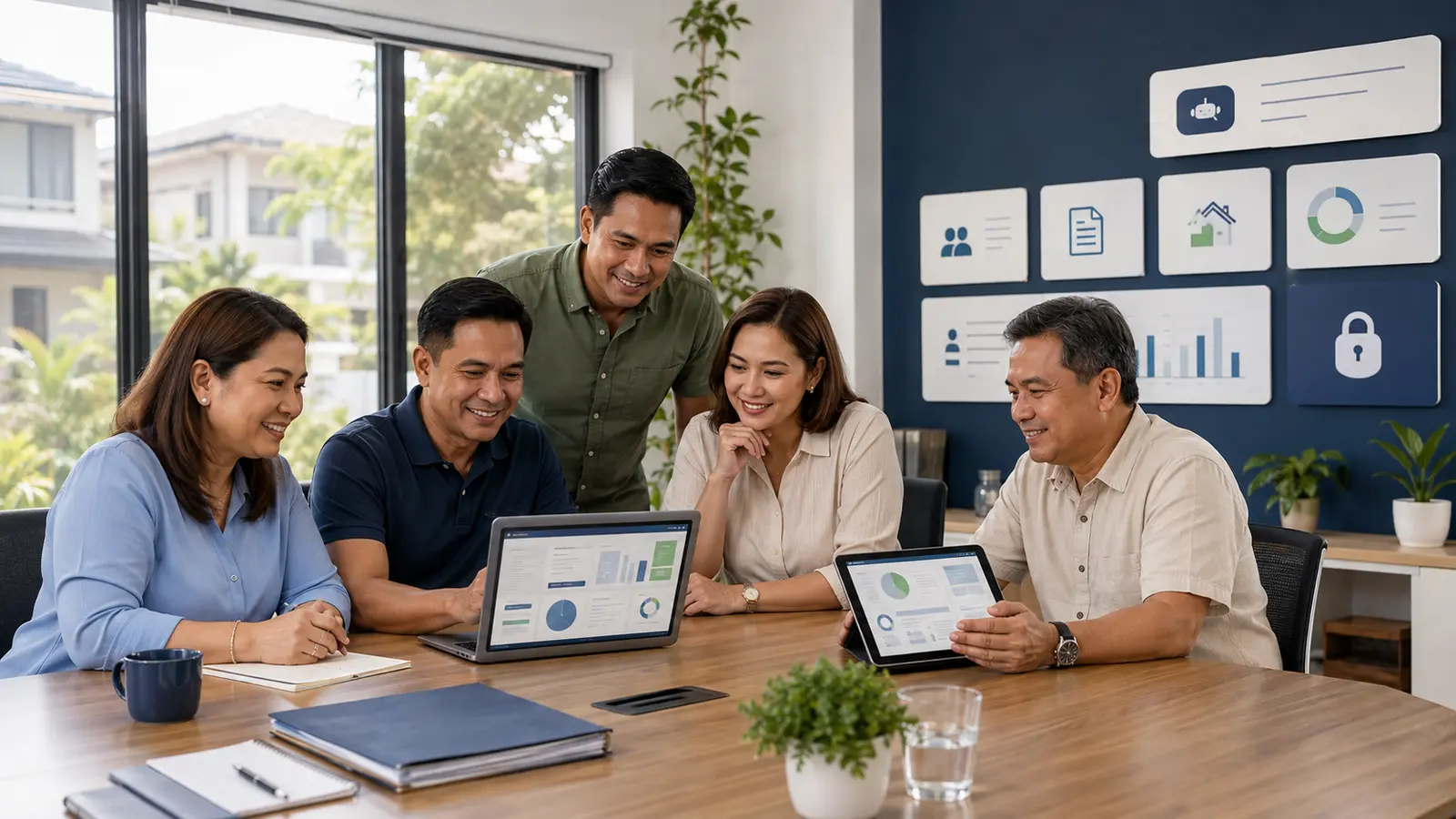 A diverse group of Filipino community leaders collaborating around secure digital administration dashboards